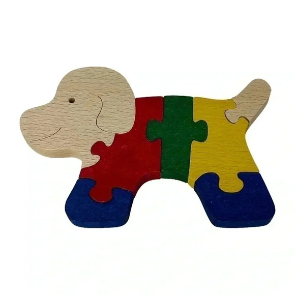 COLORFUL DOG WOODEN PUZZLE HANDMADE HAND-PAINTED TODDLER LEARNING TOY NON-TOXIC - Picture 1 of 4